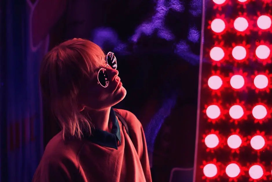 Stylish portrait of a person looking at neon lights, creating a dramatic scene.