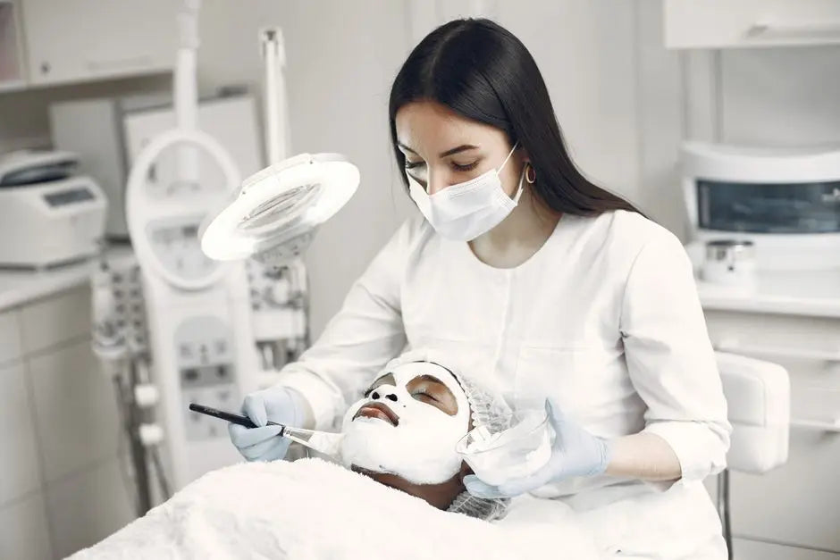 A spa professional applying a facial mask to a client in a modern clinic setting.