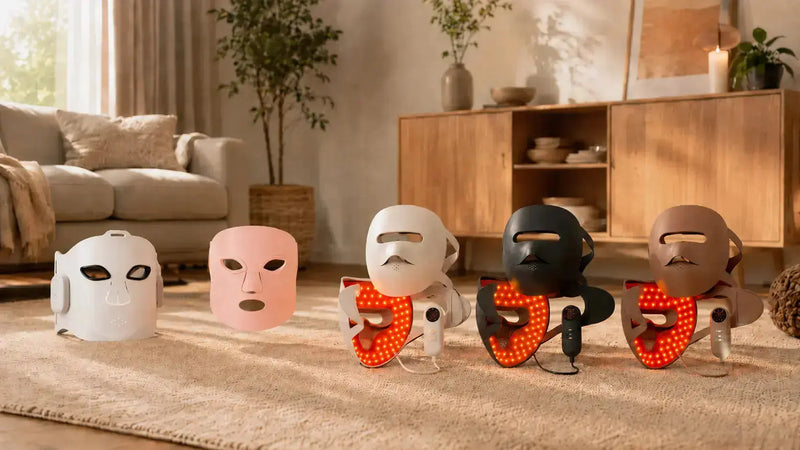 Wireless LED face masks with red and near-infrared light therapy, shown for ergonomic at-home skin rejuvenation and muscle recovery.