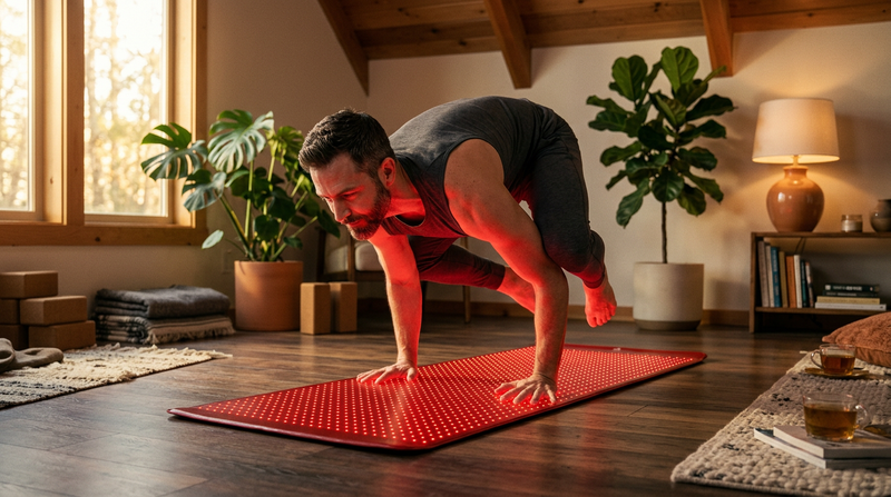 Full-body red light therapy mat and bag with 660nm red and 850nm near-infrared LEDs, suitable for pain relief, muscle recovery, and floor exercises