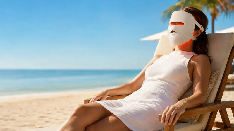Wireless LED face masks with red and near-infrared light therapy, shown for ergonomic at-home skin rejuvenation and muscle recovery.