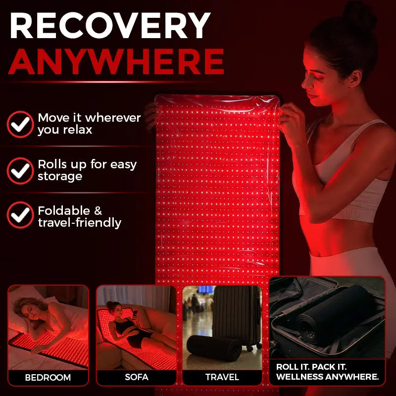 User demonstrating at-home recovery using wondear adjustable red light therapy mat for muscle relaxation