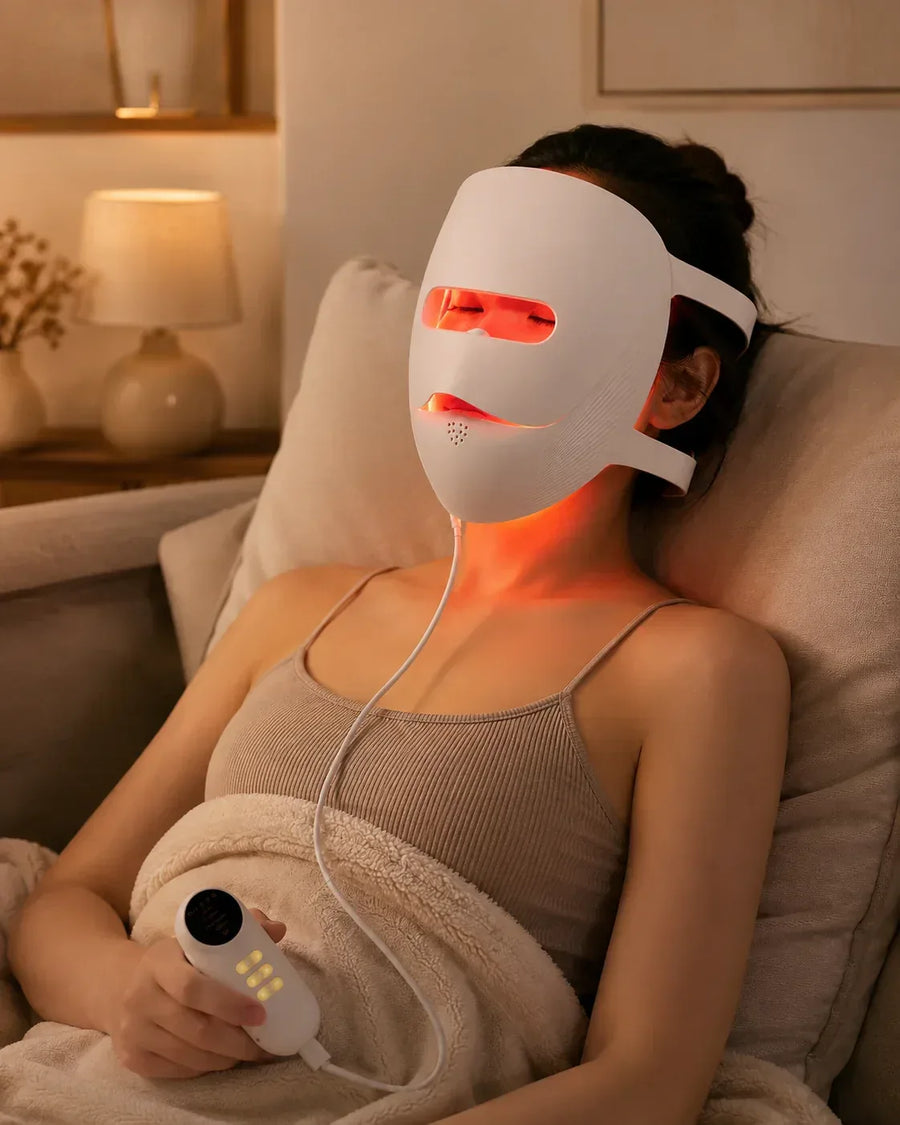 Wear the LED face mask and relax at home